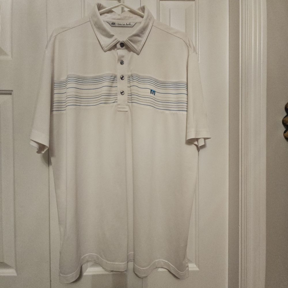 Travis Mathew Ivory Polo with Navy Stripes